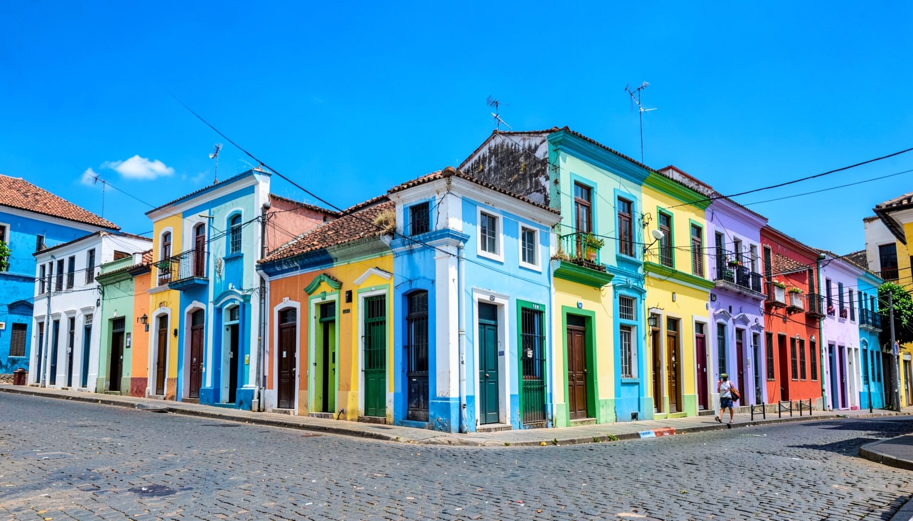 Colorful colonial buildings of Pelourinho in Salvador de Bahia under a bright blue sky
