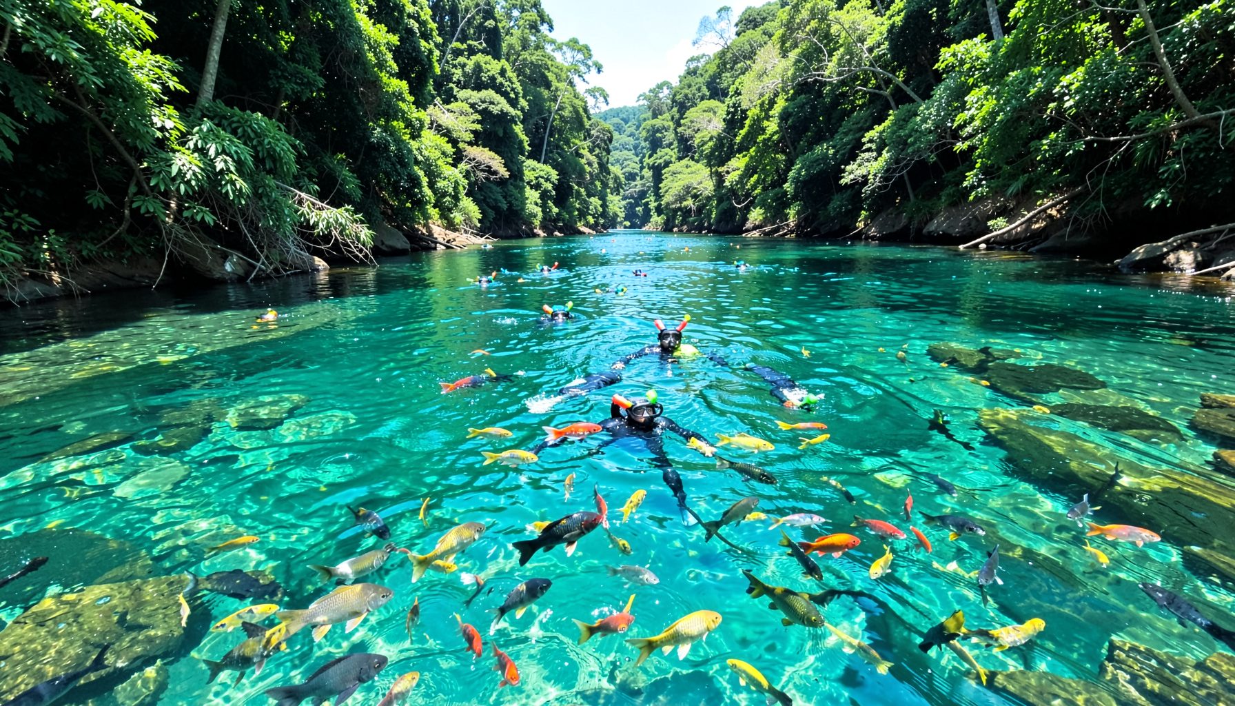 Crystal-clear river with snorkelers floating above colorful fish, lush green forest on both banks
