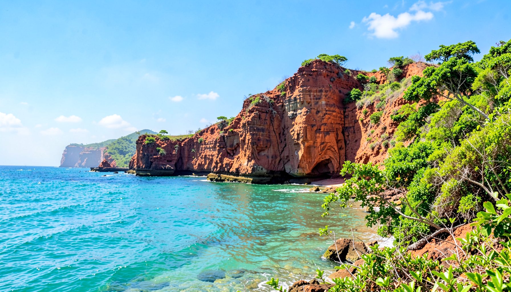 Red sandstone cliffs along a coast with turquoise sea and bright green vegetation under a sunny sky