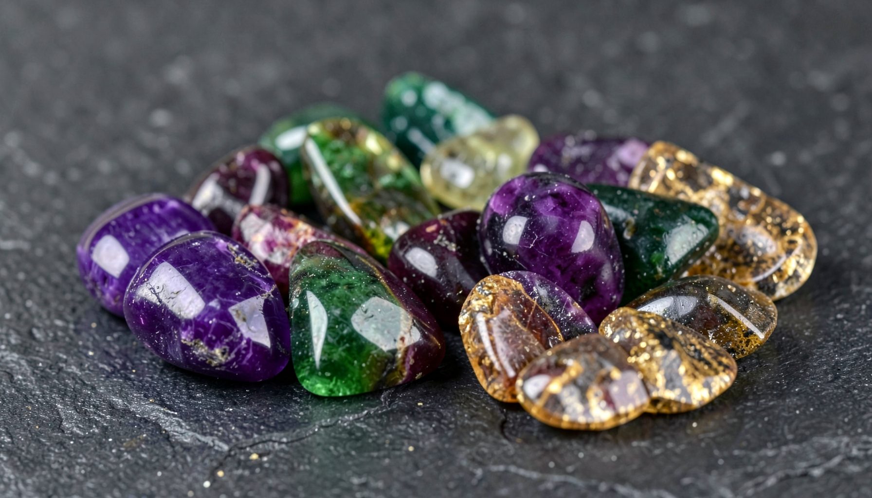 Rough and polished Brazilian gemstones in rich purples, greens, and golds arranged on a dark stone surface