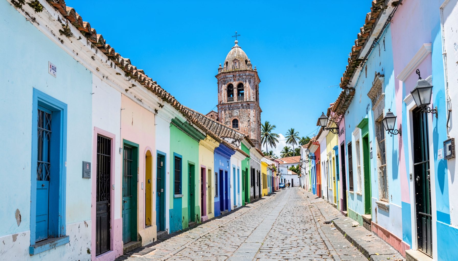 The colorful historic streets of Olinda with pastel-painted colonial houses and a church tower against a bright blue tropical sky
